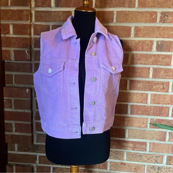 Forever 21 Women S Lavender Corduroy Sleeveless Button-Down Vest Pastel Pockets - Picture 3 of 12